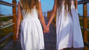 Little adoraable kids on a wooden bridge on their way to a white beach and turquoise ocean video