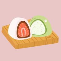 encantador mochi en una tabla de bambú. taza de té y tetera. cocina tradicional japonesa. comida asiática. ilustración vectorial de acciones. vector