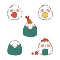 linda onigiri conjunto con sonriente cara y rosado las mejillas. kawaii onigiri japonés tradicional cocina platos. valores vector ilustración.