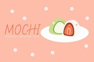 encantador mochi en una tabla de bambú. taza de té y tetera. cocina tradicional japonesa. comida asiática. ilustración vectorial de acciones. vector