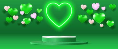 Realistic green 3D stage with neon light heart shape and heart balloon background. Valentine's minimal scene for products showcase, Promotion display. Vector abstract studio room platform design.