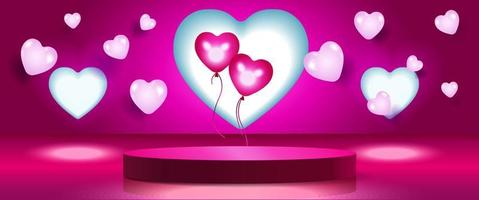 Realistic pink 3D stage with neon light heart shape and heart balloon background. Valentine's minimal scene for products showcase, Promotion display. Vector abstract studio room platform design.
