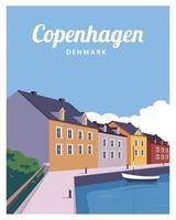 viaje póster de Copenhague ciudad horizonte en vistoso edificio. vector ilustración antecedentes con de colores estilo.