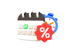 3d minimal Special discount offer icon. Flash sale. Special big sale offer. Calendar with a stopwatch and a percent tag. 3d illustration. png