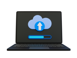 3d minimal hochladen Symbol. Wolke Computing Konzept. Laptop mit ein hochladen Symbol und Fortschritt Bar. 3d Illustration. png