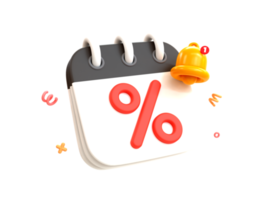 3d minimo speciale sconto offrire icona. veloce vendita promemoria. speciale grande vendita offerta. calendario con un' per cento e campana icona. 3d illustrazione. png