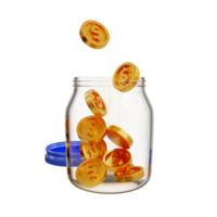 3d minimal money-saving concept. Depositing money. money management concept. Coins falling into a glass jar. 3d illustration. png