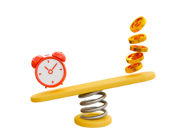 Time is more valuable than money. Alarm-clock and money on the scales. 3d illustration. png