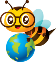 Cartoon cute bee with glasses holding a globe toy character png