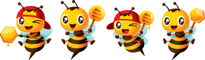 dibujos animados linda abeja participación miel cazo y panal mascota colocar. dibujos animados miel abeja vistiendo rojo gorra personaje colección ilustración