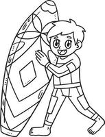 Boy Holding Surf Board Isolated Coloring Page vector