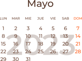 Calendar month may in spanish 2023. png