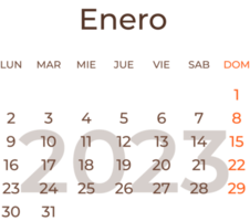 calendario mes enero en Español 2023 año. png