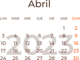 calendrier mois avril dans Espagnol 2023. png
