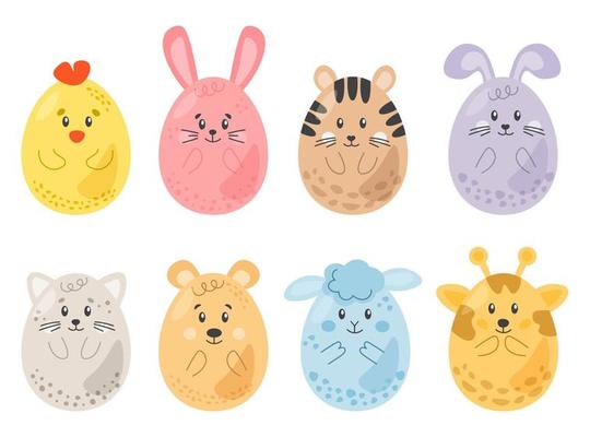 Set of cute colorful Easter eggs isolated on white background. Easter symbol bunny, rabbit, chicken, cat, lamb, decorative vector elements. Collection of colored eggs for posters, cards of print.