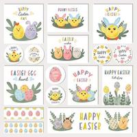 Set of Easter cards, stickers and labels with cute cartoon characters, hand drawn elements. Easter greetings with bunnies, chickens, eggs and flowers for posters, cards of any print. Easter Sunday.