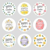 Easter badges and labels vector design elements set. Stickers Easter templates and objects, eggs, flowers. Happy Easter typography messages. Easter lettering floral frames and hand drawn elements.