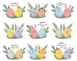 Happy Easter. Cute compositions with eggs, bunnies, rabbits, flowers for decoration design, spring and easter greeting cards and invitations. Easter lettering and hand drawn elements. vector