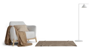 branco poltrona com pano travesseiro tapete e chão luminária mínimo estilo png