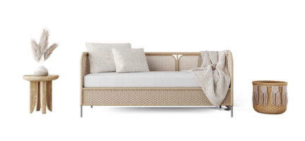 boho stijl sofa met hoofdkussen en kant tafel png