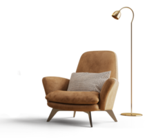 leer fauteuil met hoofdkussen en verdieping lamp png