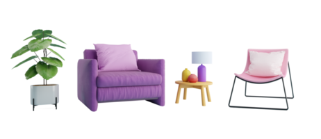 Purple and pink armchair set for interior decoration png
