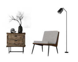 wabi-sabi style intérieur maquette avec chaise, table, vase et sol lampe png