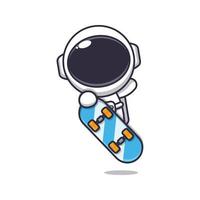 linda astronauta mascota dibujos animados personaje con patineta. vector