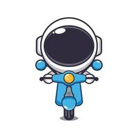 linda astronauta mascota dibujos animados personaje paseo en scooter. vector