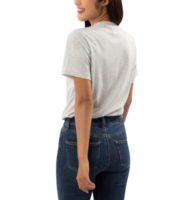 mujer joven en camiseta gris maqueta recortada, archivo png