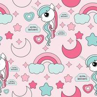 Seamless pattern with unicorns, rainbow, and other elements.Vector background with stickers, pins, patches in cartoon 80s-90s comic style vector