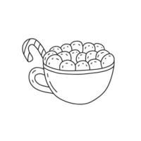 Christmas cup of hot cocoa with marshmallows and candy cane doodle illustration. Vector Christmas dessert