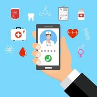 Hand holding smartphone with medical app. vector