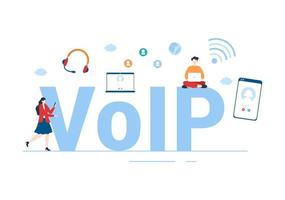 VOIP or Voice Over Internet Protocol with Telephony Scheme Technology and Network Phone Call Software in Template Hand Drawn Cartoon Flat Illustration vector