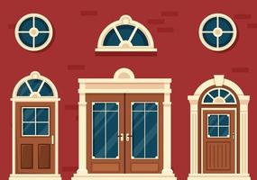 House Architecture with Set of Doors and Windows Various Shapes, Colors and Sizes in Template Hand Drawn Cartoon Flat Background Illustration vector