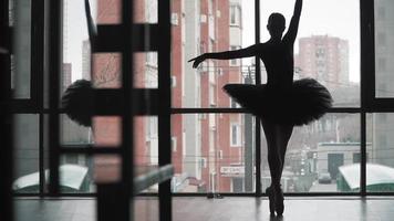 Silhouette. Ballerina in a black tutu dancing on the background of the city. Beautiful ballet in a Pointe shoes. The image of the Swan. Slow motion video