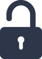 ícone de cadeado desbloqueado em cores azuis escuras. ilustração de sinais de cadeado. png