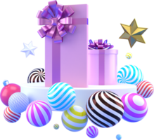 3d Rendering Christmas or new year elements background with decorative balls, and gift boxes. Colorful gifts for holidays. Modern design. png