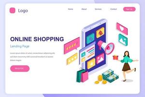 Online shopping isometric concept. Landing page website flat vector template