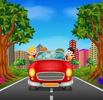 hombre y familia conduciendo un coche en la carretera vector