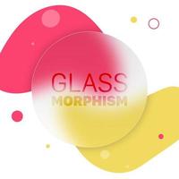 Vector glass morphism style. Translucent circle on fluid background with circles and liquid shapes. Frosted transparent glass and colored bright circles. Place for your text, for web, ui, apps.