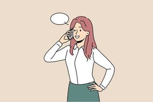 Young businesswoman talk on cellphone with client or customer. Smiling woman employee have cellphone conversation. Business communication. Vector illustration.