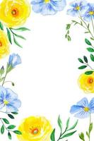 Watercolor floral greeting frame for cards, invitations with blue and yellow flowers vector