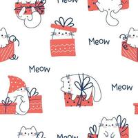 Draw seamless pattern with cute cats  on white background for christmas and winter and New year Doodle cartoon style vector