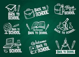 School supplies chalk sketch set on blackboard vector