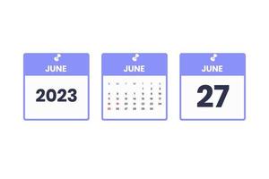 June calendar design. June 27 2023 calendar icon for schedule, appointment, important date concept vector