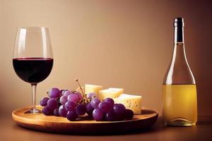 una botella de vino con uvas y plato de queso. foto