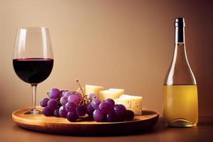 A bottle of wine with grapes and cheese plate. photo