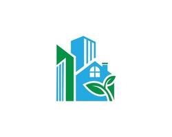 Green Building House Logo Design With Leaf City Concept Element Vector Template.