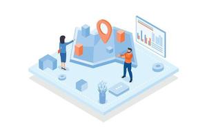 Conceptual template with people looking at city map with buildings. Scene for application for sharing real time location, street navigation, isometric vector modern illustration